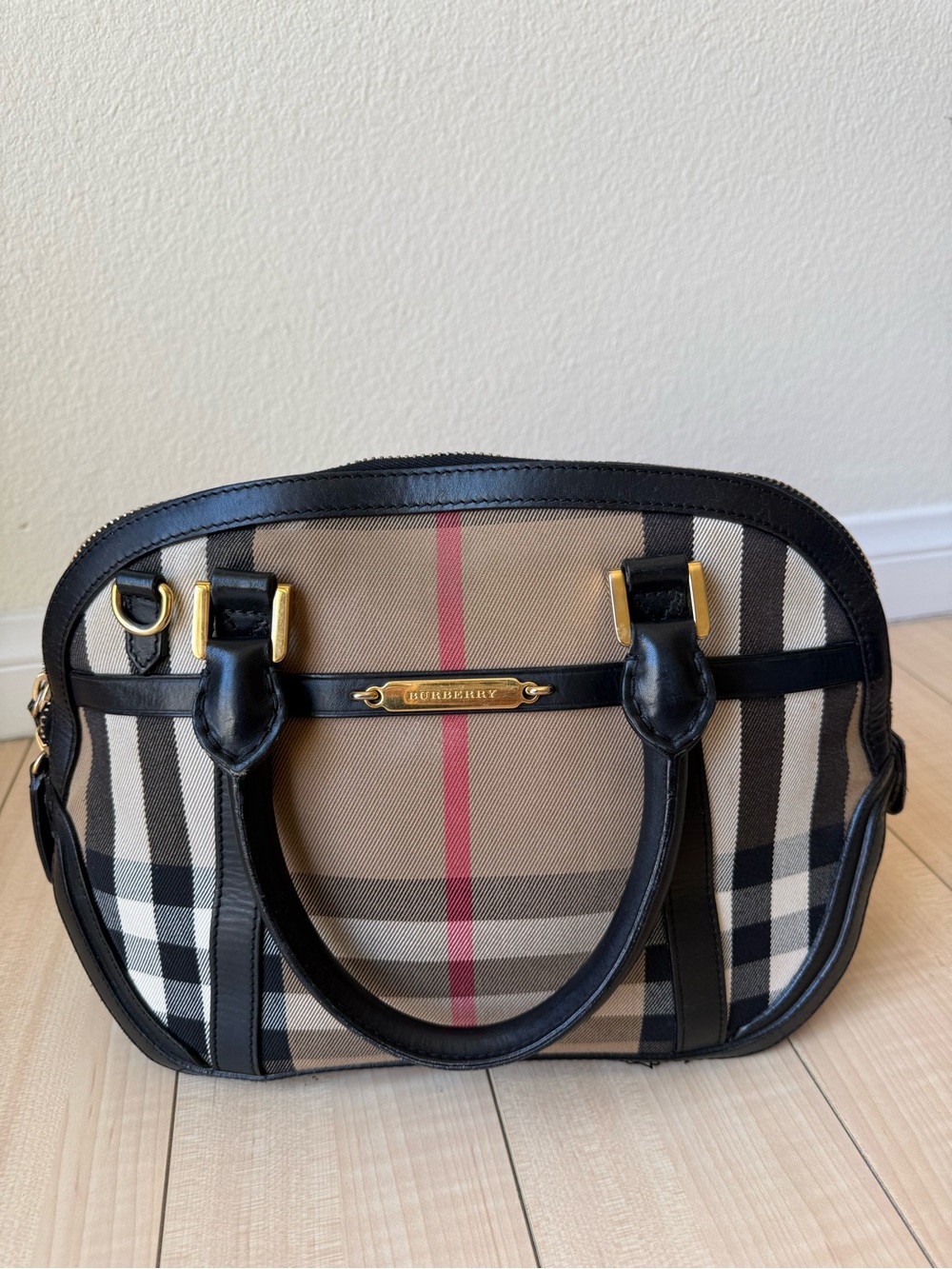 Burberry Small Leather Trimmed House Check Canvas Bridle Orchard Satchel